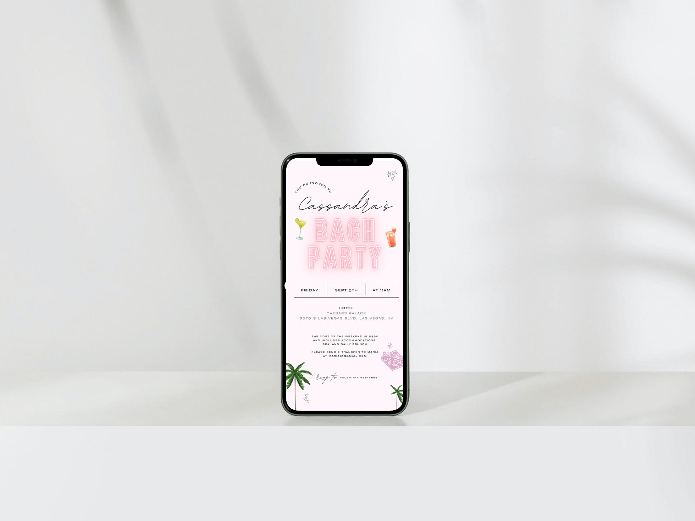 Las Vegas Bachelorette Invitation &amp; Weekend Itinerary – Editable Canva Template Bundle