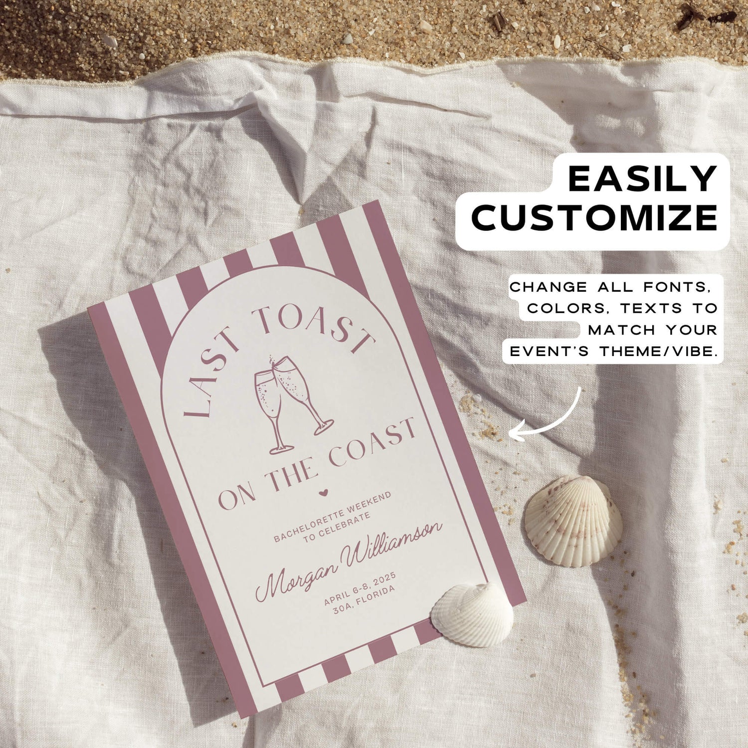 Last Toast on the Coast Bachelorette Itinerary &amp; Beach Party Invitation – Editable 30A Bachelorette Invitation Template – Customizable Canva Design