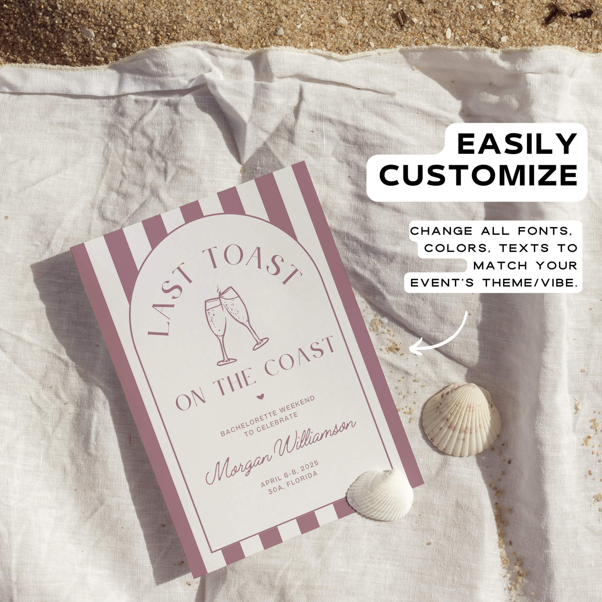 Last Toast on the Coast Bachelorette Itinerary &amp; Beach Party Invitation – Editable 30A Bachelorette Invitation Template – Customizable Canva Design