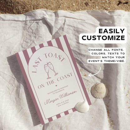 Last Toast on the Coast Bachelorette Itinerary &amp; Beach Party Invitation – Editable 30A Bachelorette Invitation Template – Customizable Canva Design