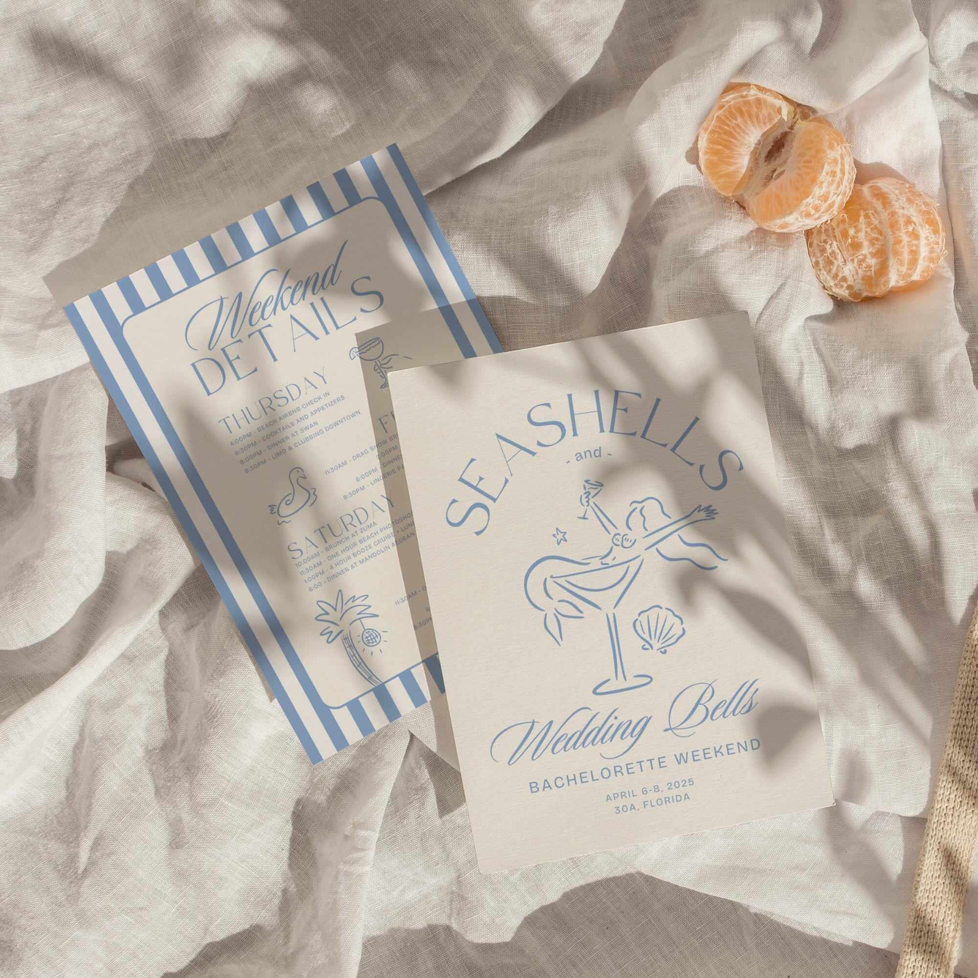 Seashells &amp; Wedding Bells Bachelorette Itinerary &amp; Invitation – Editable Canva Template for Coastal or Beach Bachelorette Weekend