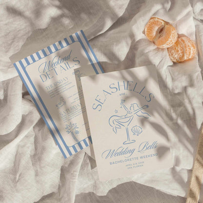 Seashells &amp; Wedding Bells Bachelorette Itinerary &amp; Invitation – Editable Canva Template for Coastal or Beach Bachelorette Weekend