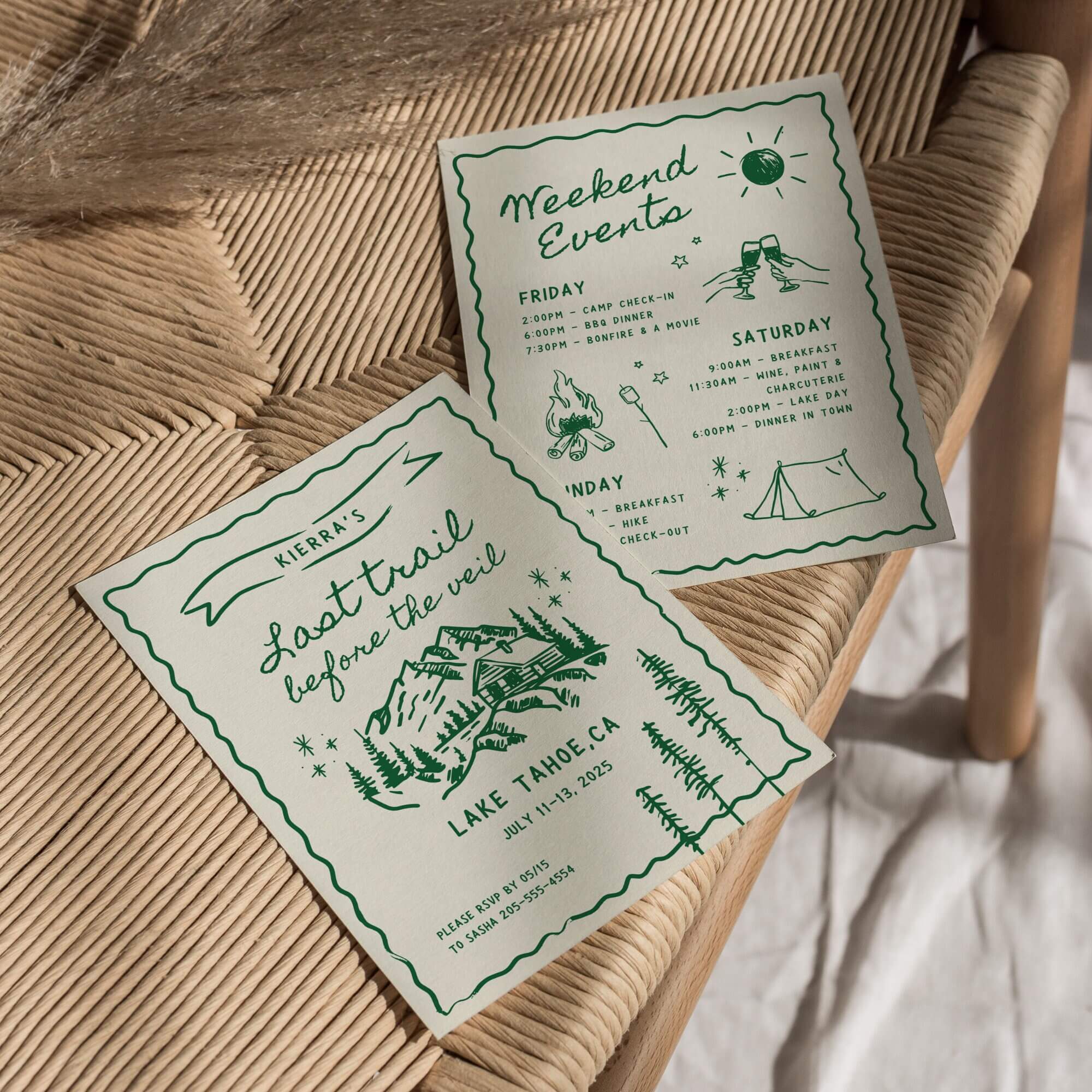 Camp Bachelorette Invitation &amp; Itinerary – Editable Canva Template for Glamping or Last Trail Before the Veil Weekend