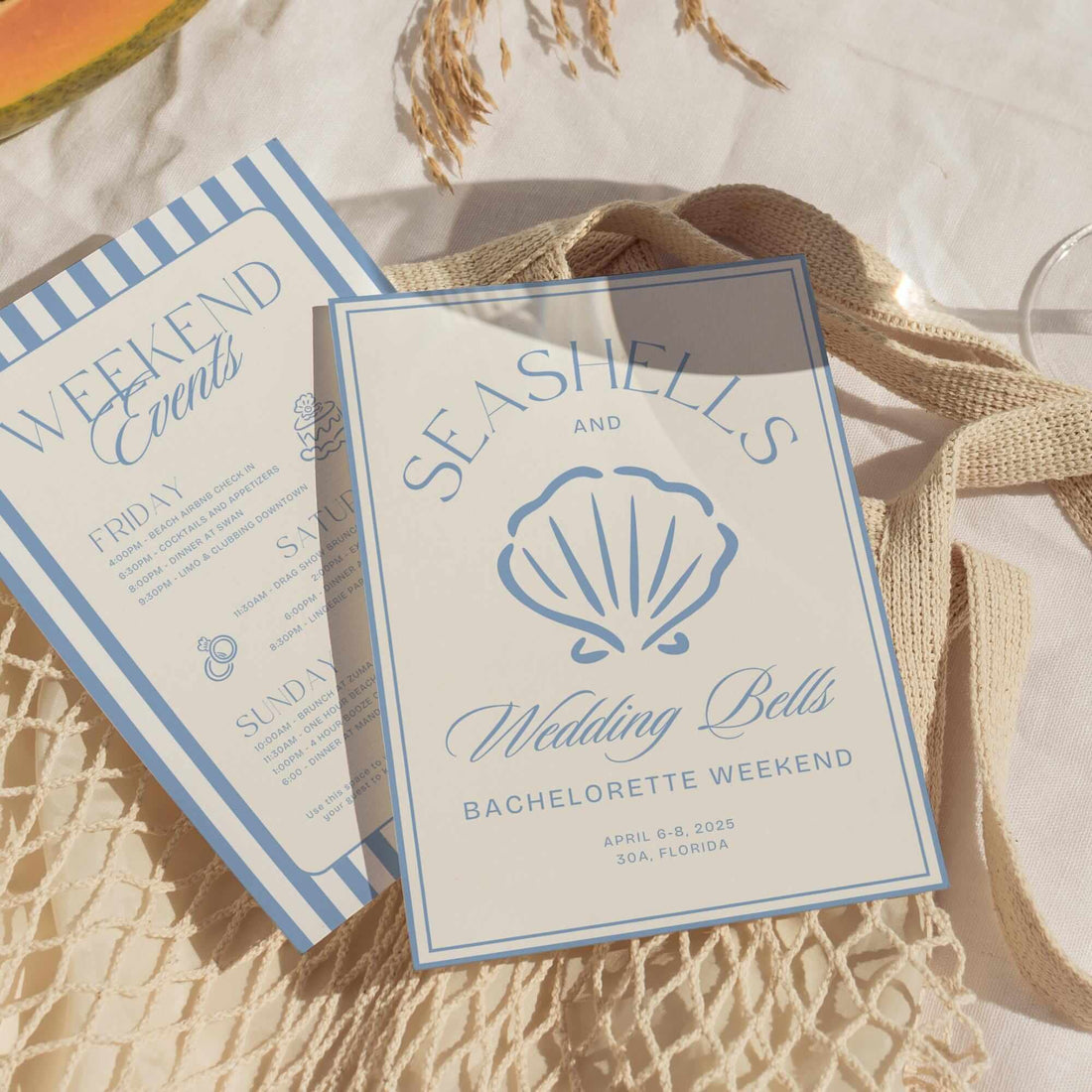 Seashells &amp; Wedding Bells Bachelorette Itinerary &amp; Invitation – Editable Canva Template for Coastal or Beach Bachelorette Weekend