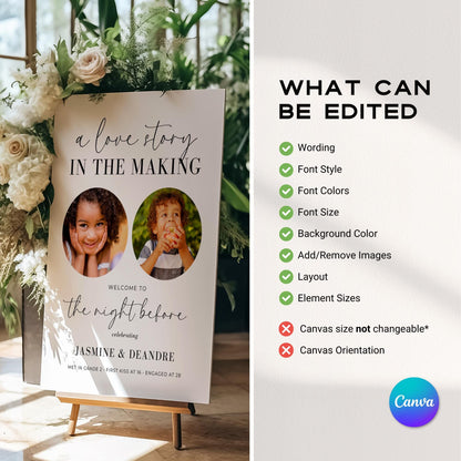 A Love Story The Night Before Rehearsal Dinner Welcome Sign Template – Editable Canva