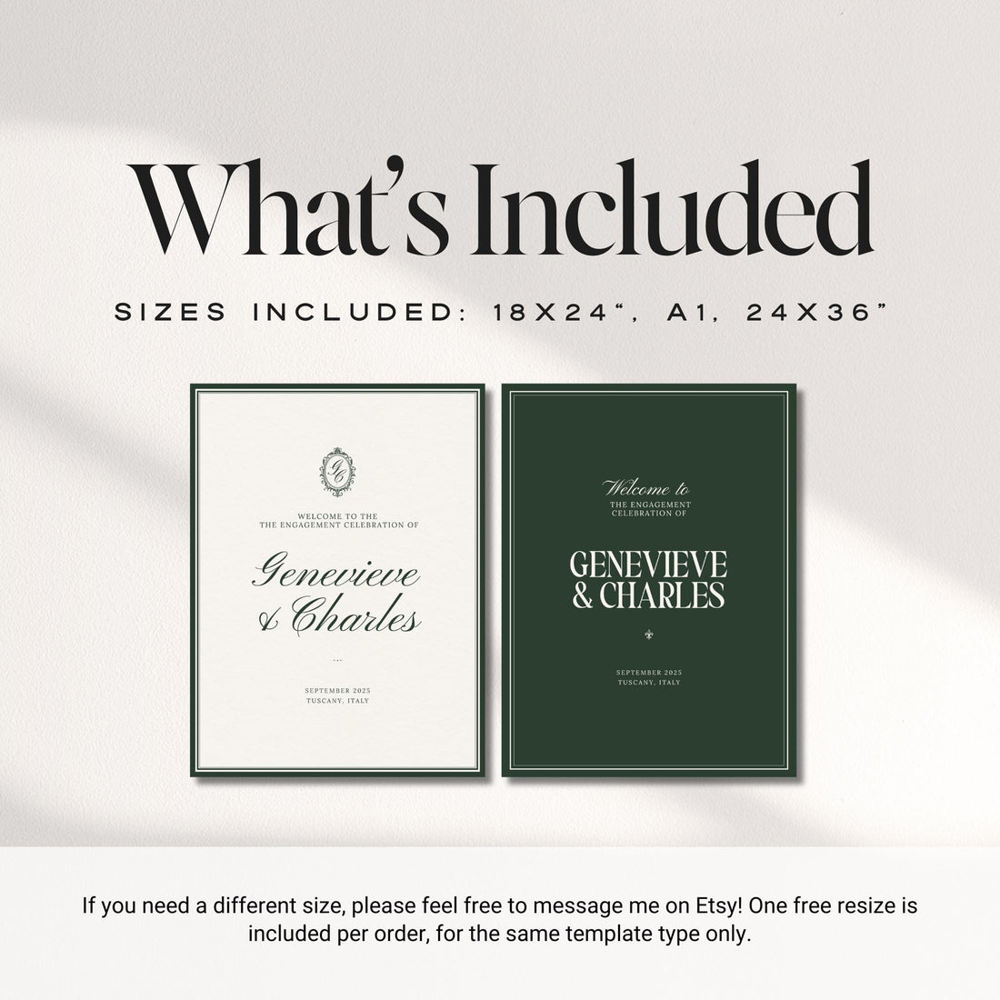 Forest Green Engagement Party Welcome Sign – Elegant Old Money Canva Template