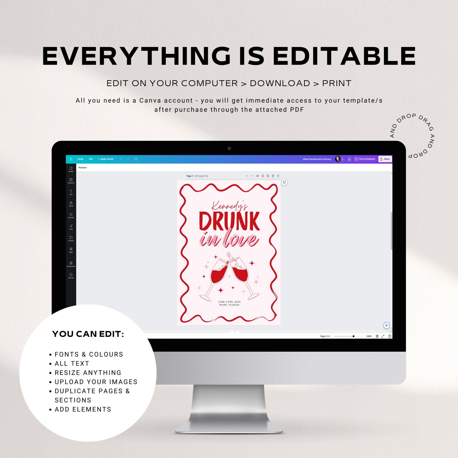 Drunk in Love Bachelorette Itinerary &amp; Invitation – Wavy Pink Girls Trip Canva Template