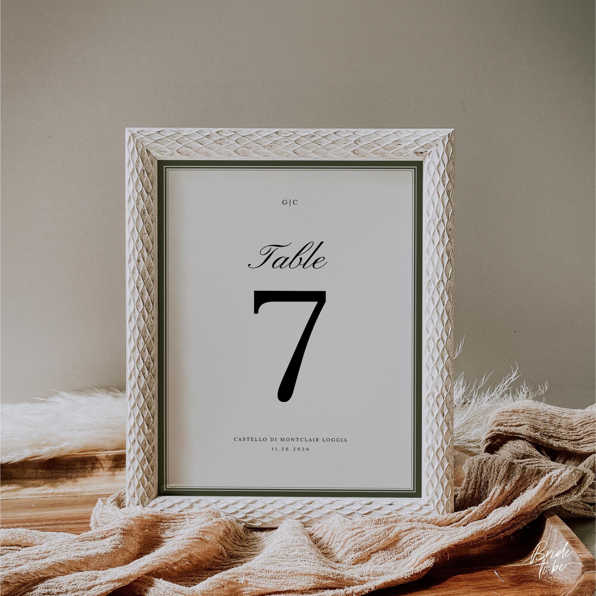 Old Money Olive Green Table Numbers 1–20 – Elegant Classic Wedding Table Cards – Editable Canva Template