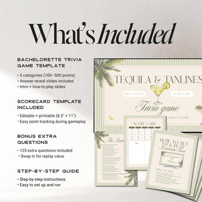 Tequila &amp; Tanlines Bachelorette Trivia Game – Beach Canva Party Game