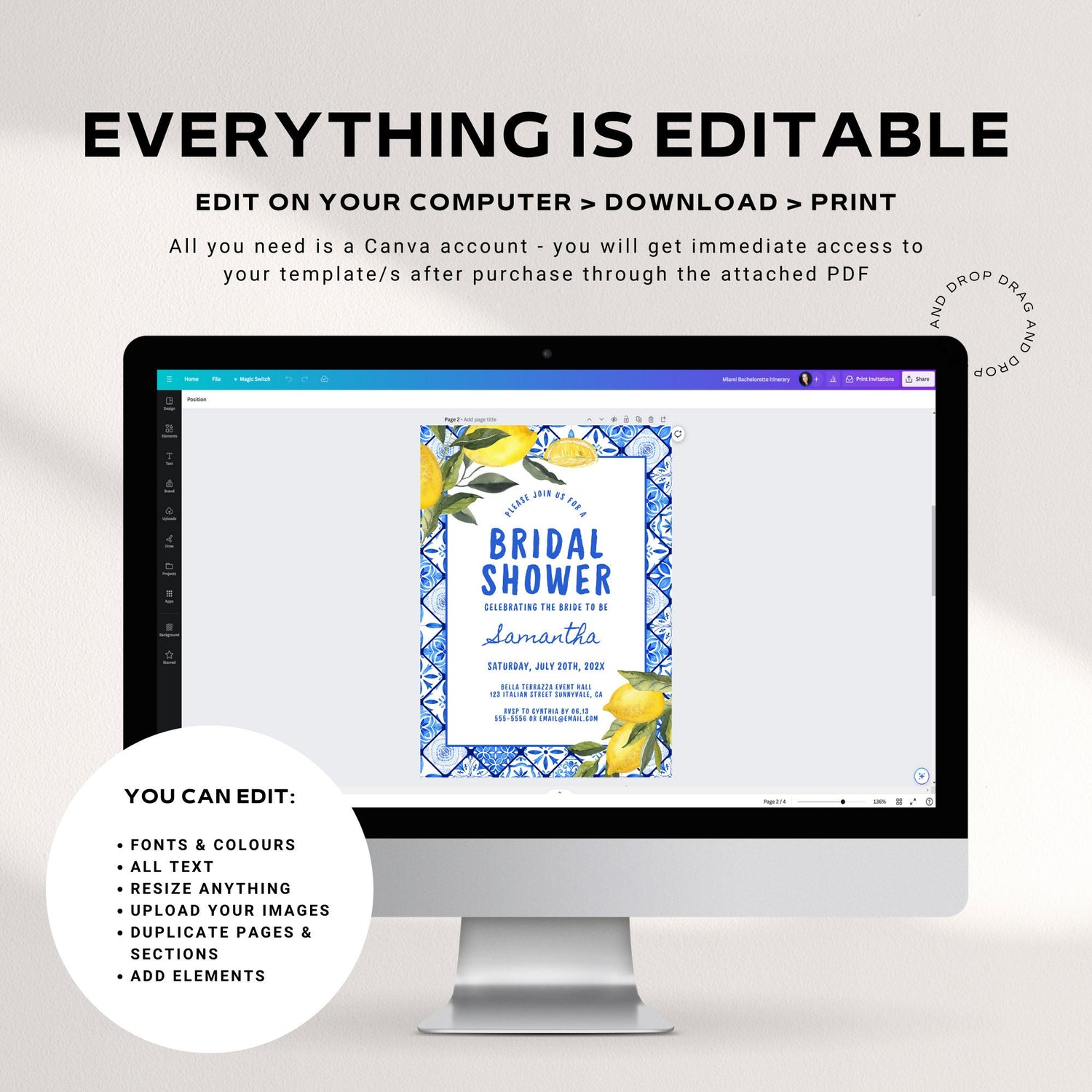 Italian Lemons Bridal Shower Invitation, Italian Bridal Shower Invitation, Lemon Bridal Shower Invitations Template, Citrus Mediterranean