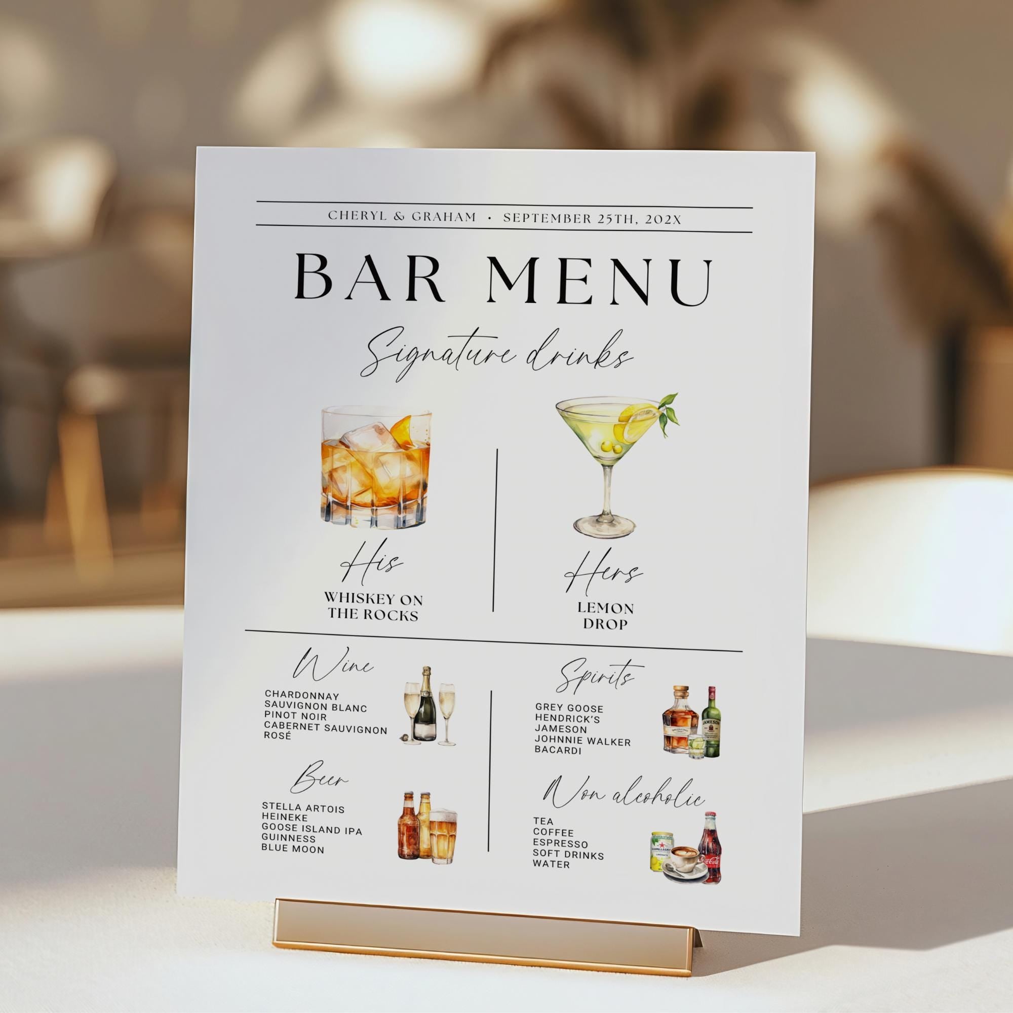 Wedding Bar Menu Sign Template – Modern Signature Drinks &amp; His and Hers Cocktails Canva DIY