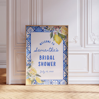 Blue Tile Italian Lemon Bridal Shower Welcome Sign – Editable Canva Bridal Shower Decor
