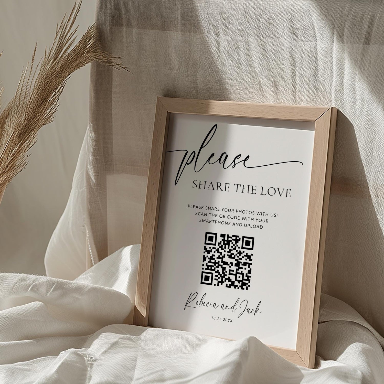 Share the Love Wedding QR Code Sign, Editable Wedding Photo Sign, Minimalist Reception Sign, Modern Wedding Table Sign Canva Template DIY
