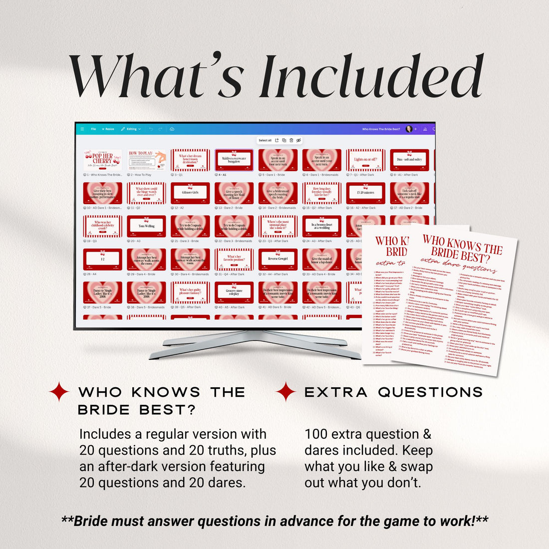 Animated Bachelorette Truth or Dare Game – Who Knows the Bride Best – Editable Canva Game (Regular &amp; Spicy)