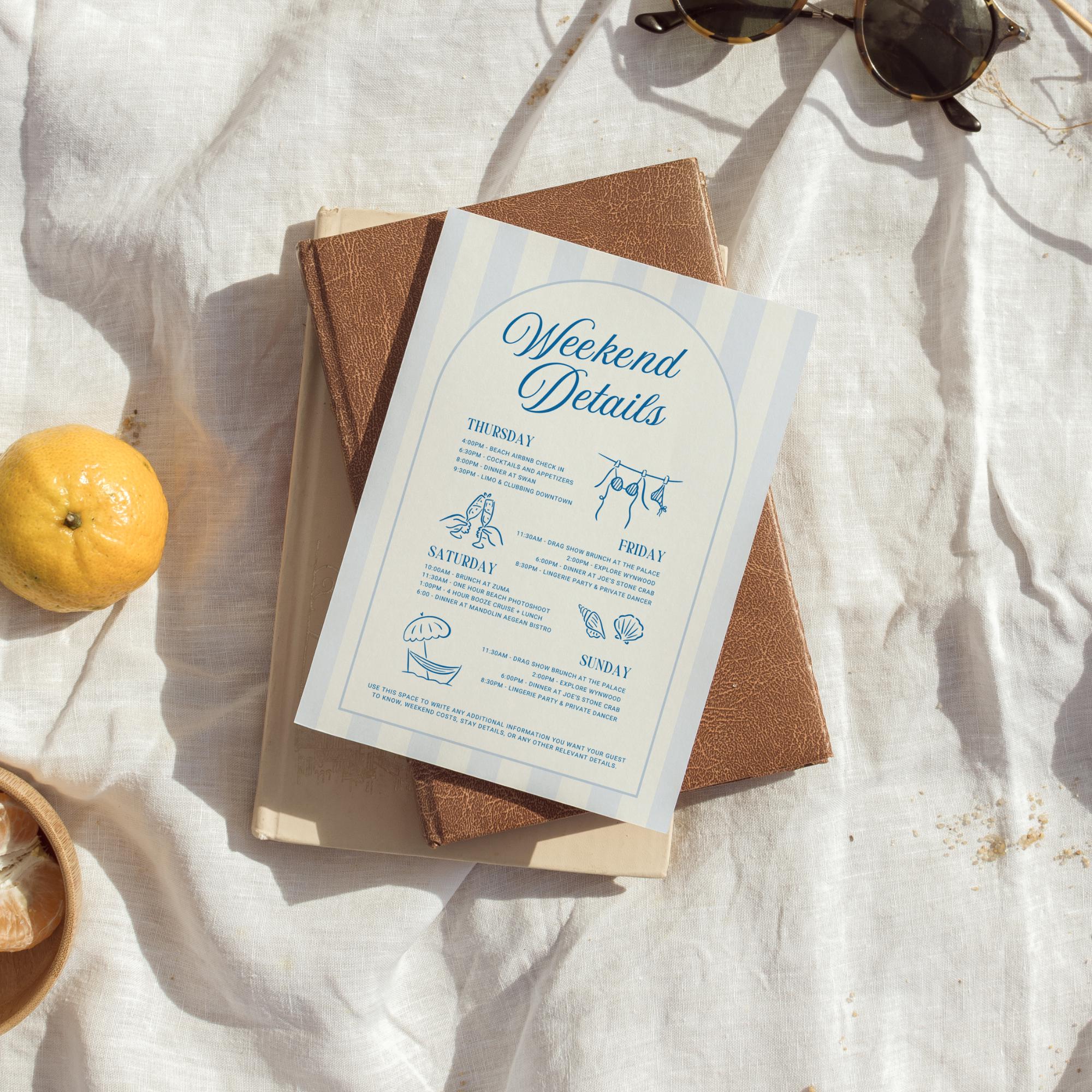 Beach Bachelorette Weekend Invitation &amp; Itinerary Bundle – Canva Templates