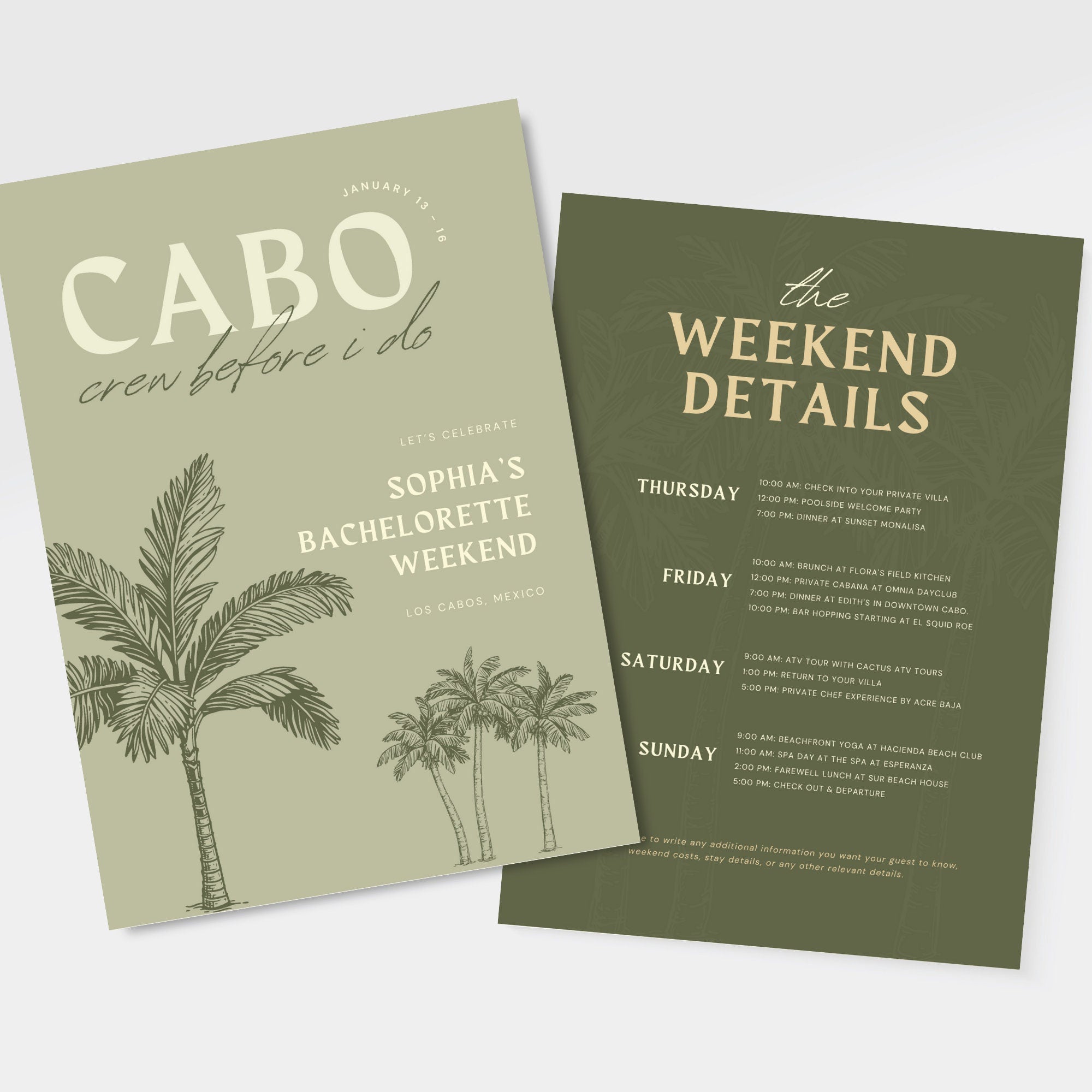 Cabo &amp; Tulum Bachelorette Itinerary – Mexico Travel Weekend Invitation &amp; Checklist Canva Template