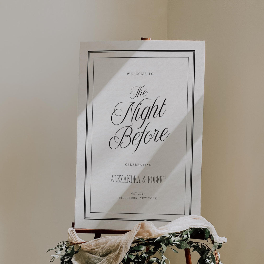 Black &amp; Ivory Night Before Welcome Sign | Rehearsal Dinner Canva Template