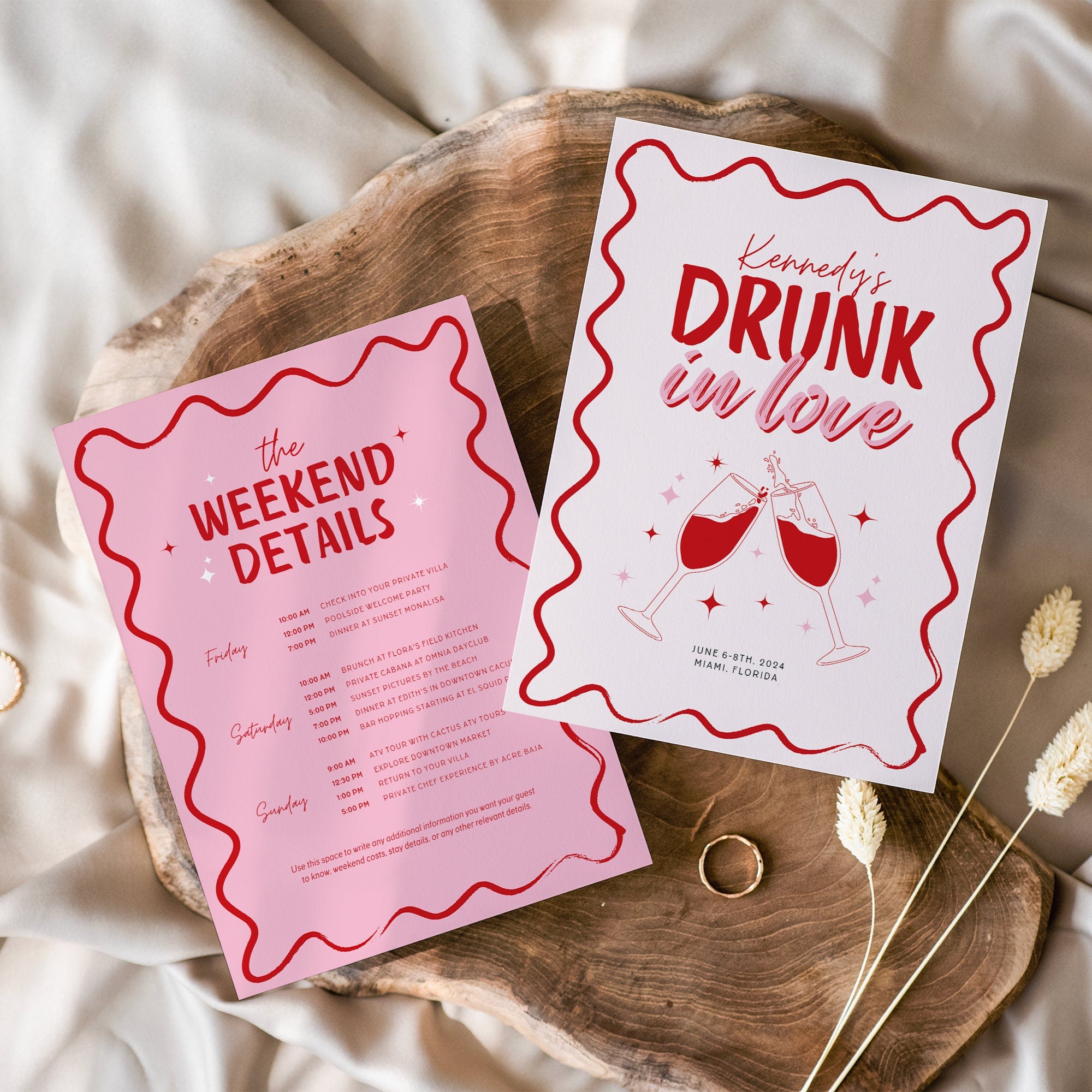 Drunk in Love Bachelorette Itinerary &amp; Invitation – Wavy Pink Girls Trip Canva Template