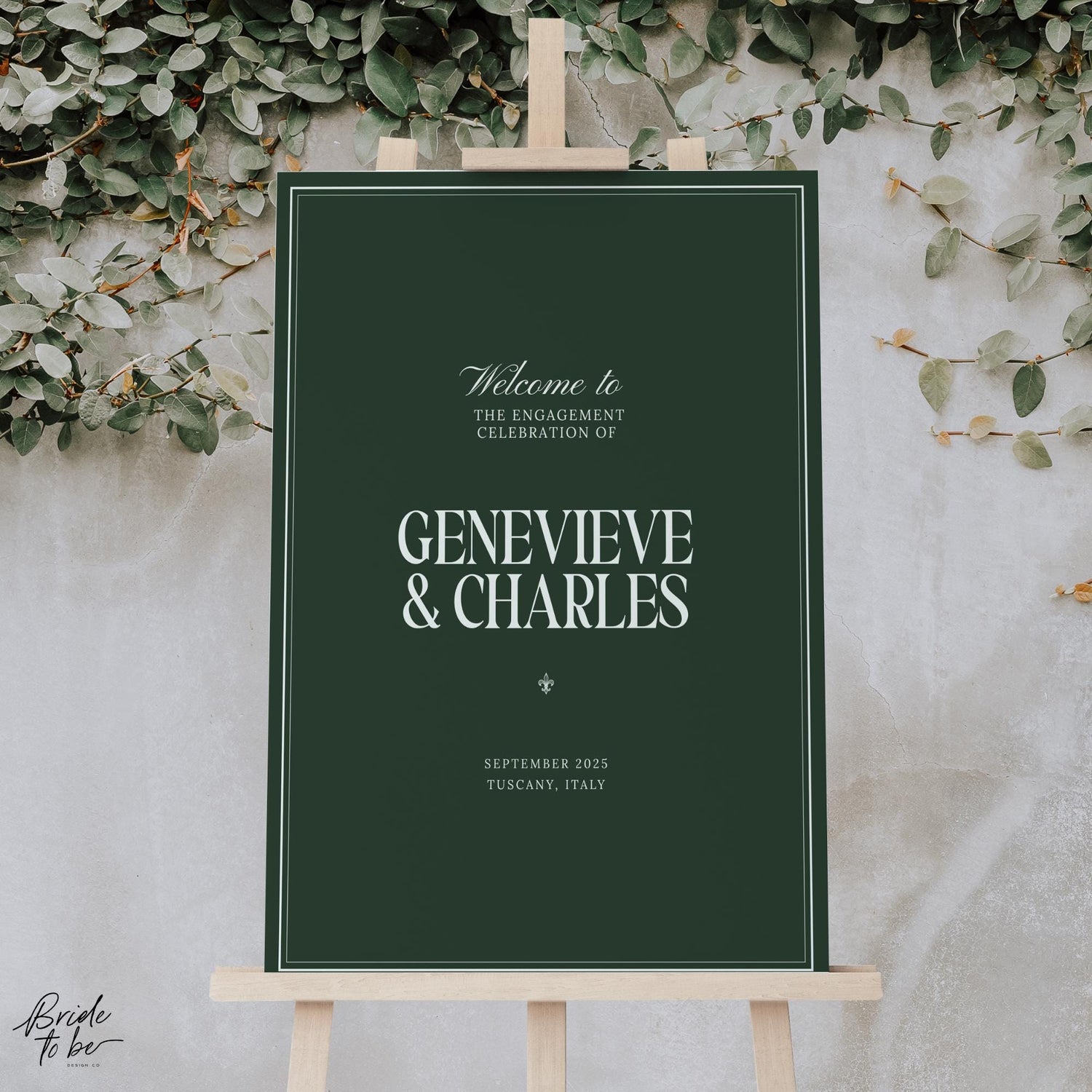 Forest Green Engagement Party Welcome Sign – Elegant Old Money Canva Template