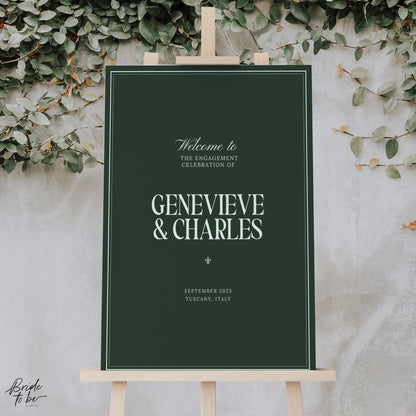 Forest Green Engagement Party Welcome Sign – Elegant Old Money Canva Template