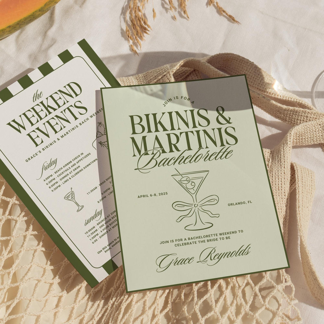 Bikinis &amp; Martinis Bachelorette Invitation &amp; Itinerary Bundle – Editable Canva Template