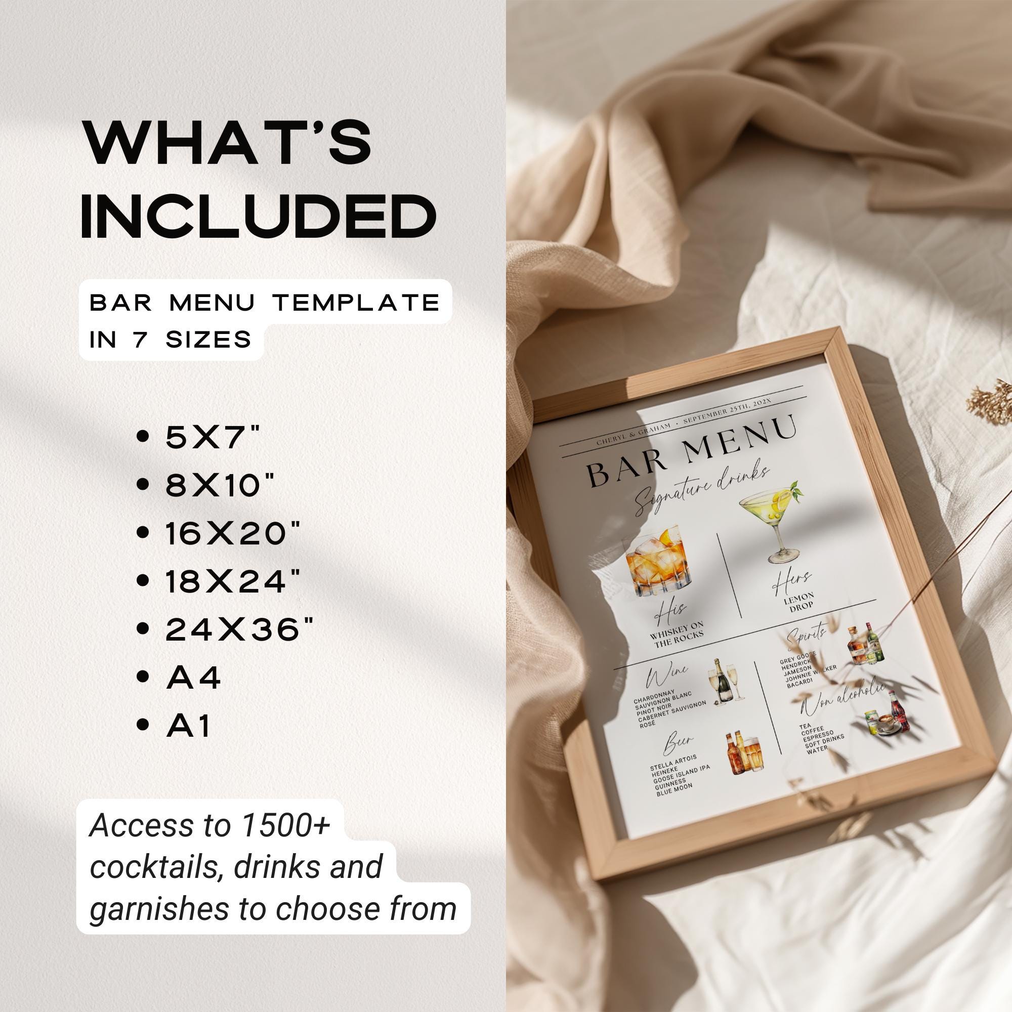Wedding Bar Menu Sign Template – Modern Signature Drinks &amp; His and Hers Cocktails Canva DIY