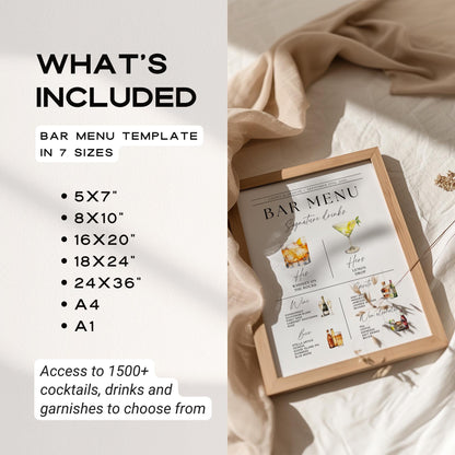 Wedding Bar Menu Sign Template – Modern Signature Drinks &amp; His and Hers Cocktails Canva DIY