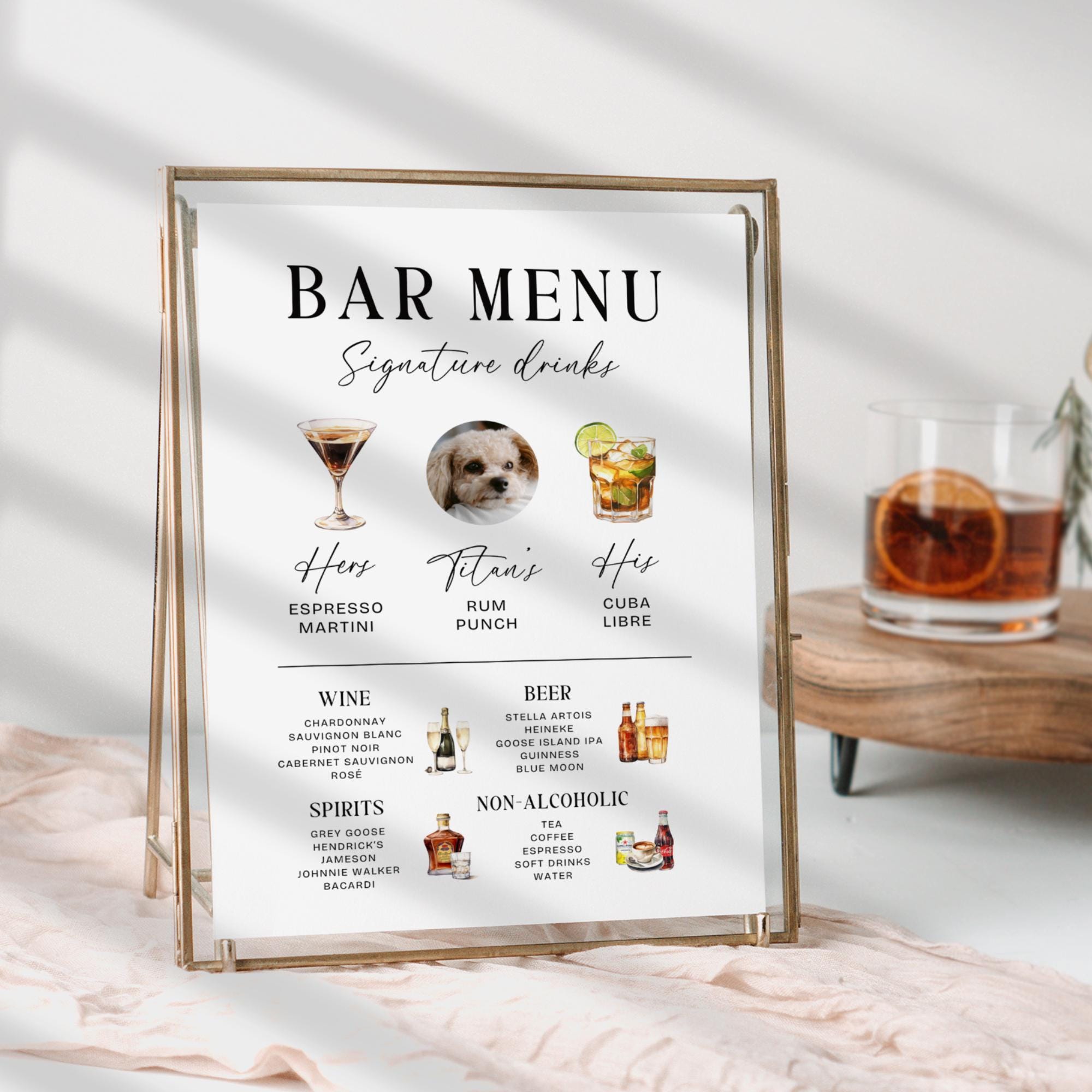 Modern Signature Drinks Sign – His &amp; Hers Bar Menu with Pet Cocktail Illustration Canva Template