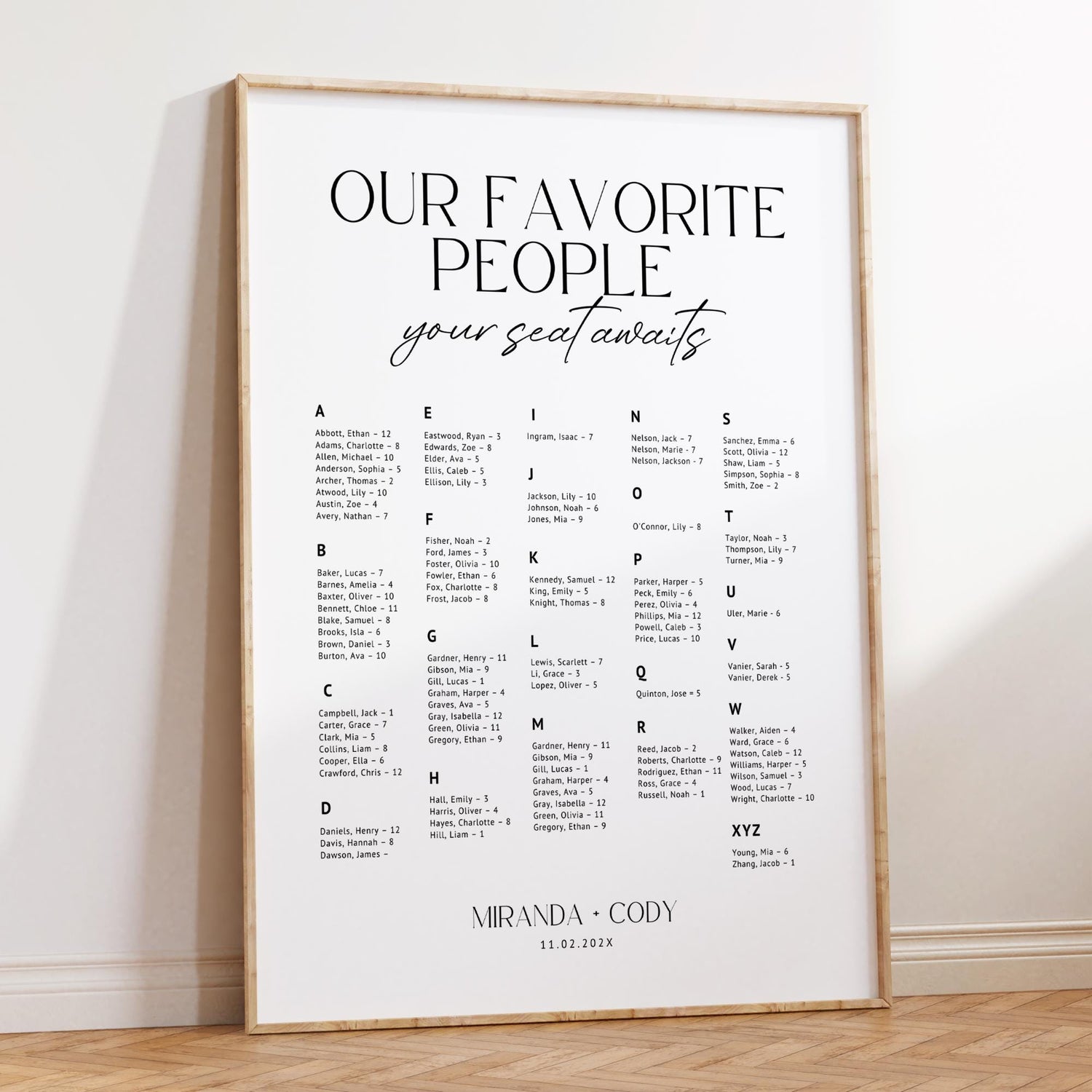Minimalist Alphabetical Wedding Seating Chart – Modern Editable Canva Sign Template