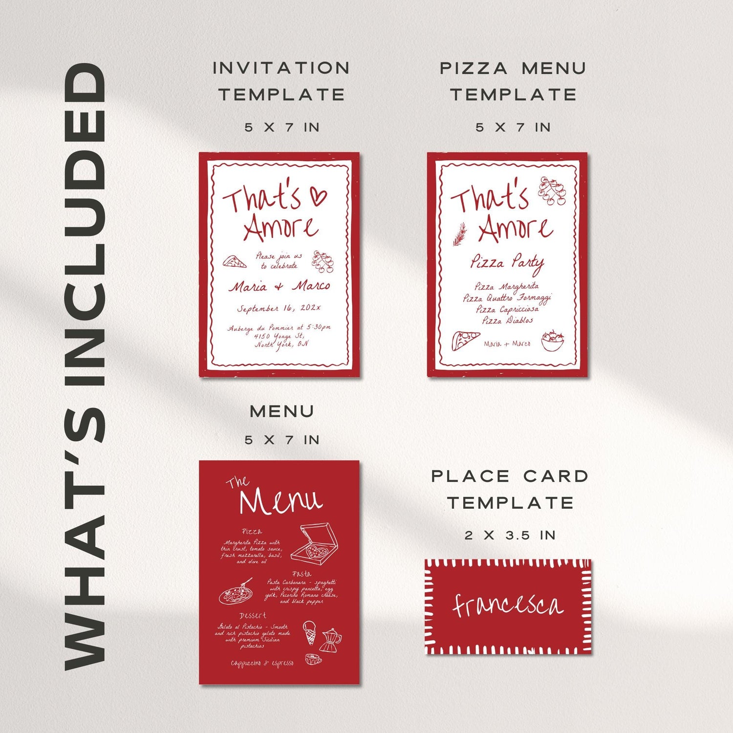 That’s Amore Rehearsal Dinner Invitation, Menu &amp; Name Cards – Editable Canva Template for Italian Engagement or Pizza Party