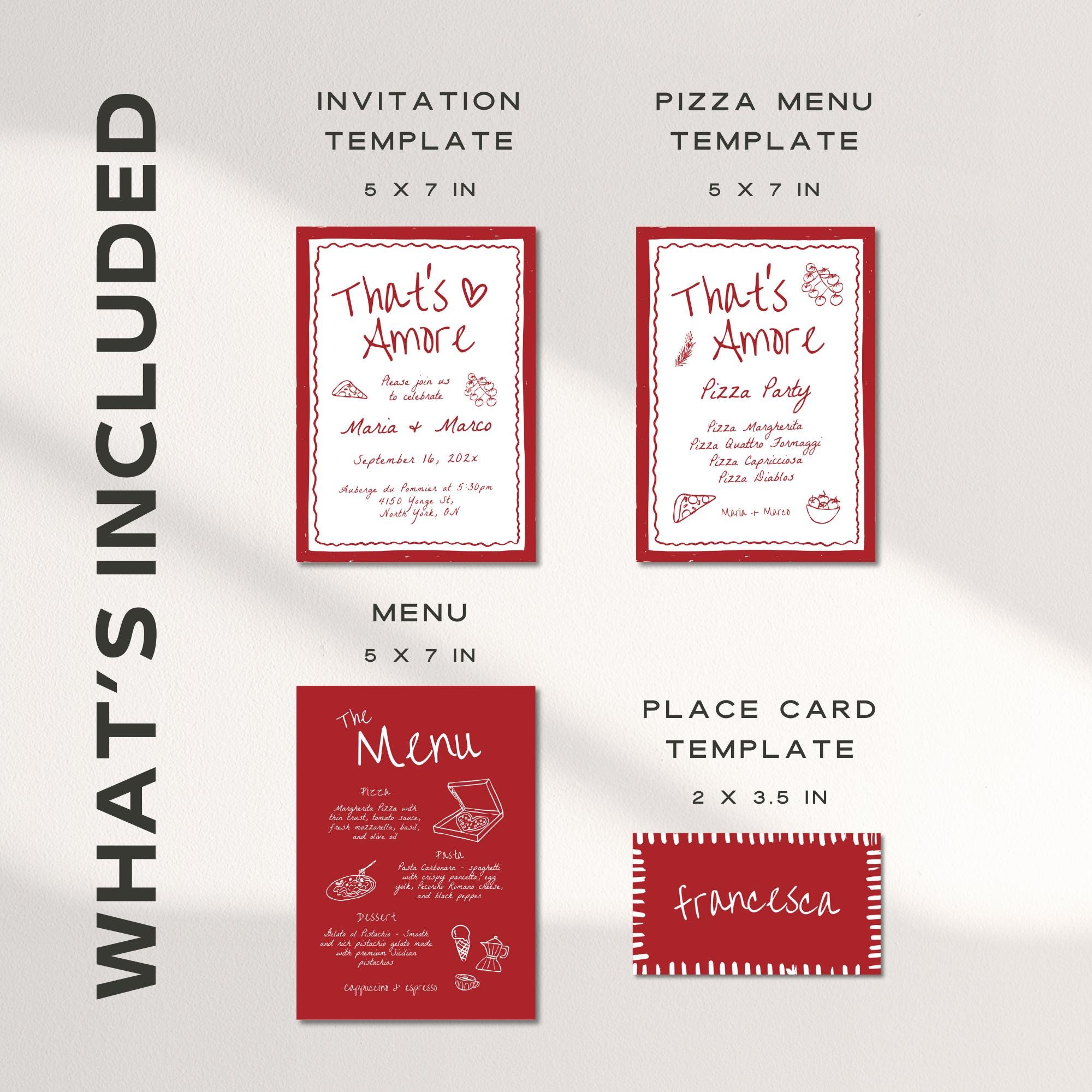 That’s Amore Rehearsal Dinner Invitation, Menu &amp; Name Cards – Editable Canva Template for Italian Engagement or Pizza Party