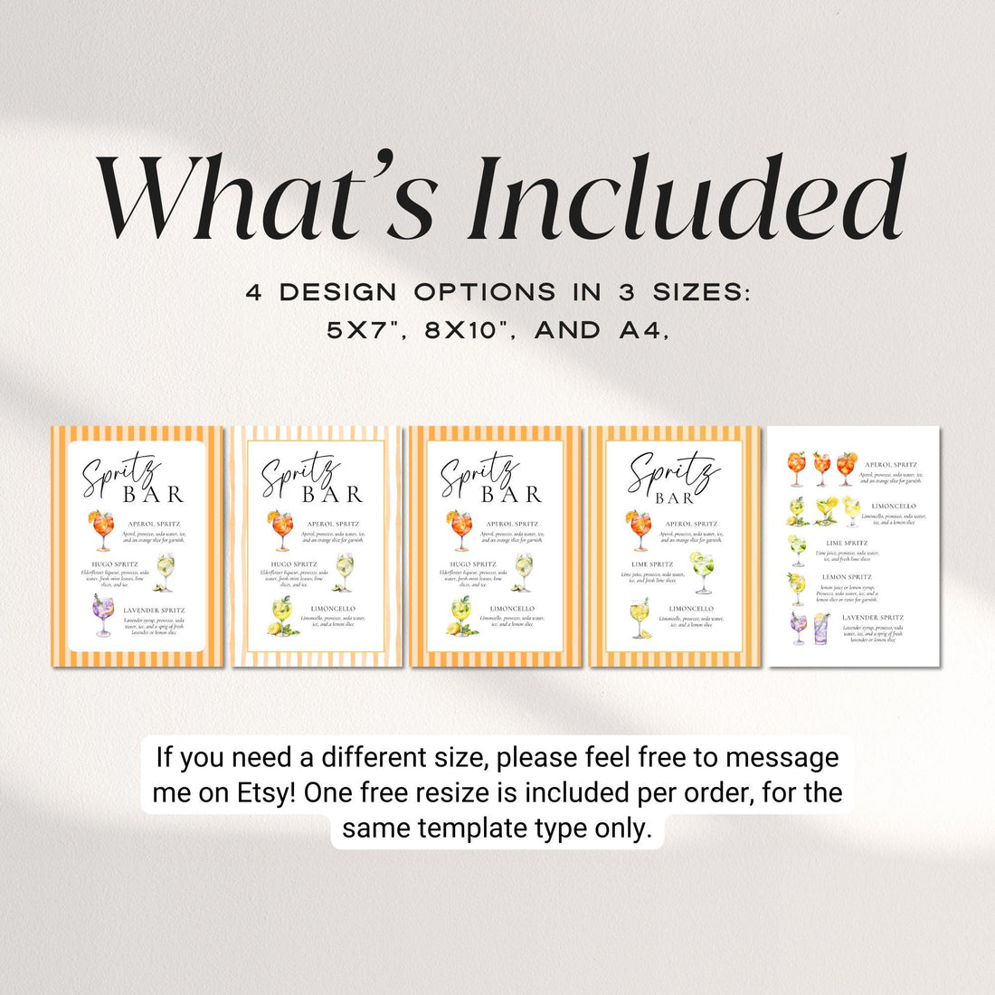 Watercolor Spritz Bar Sign Template – Aperol, Limoncello &amp; Hugo Spritz Recipes – Editable Canva Wedding &amp; Party Sign