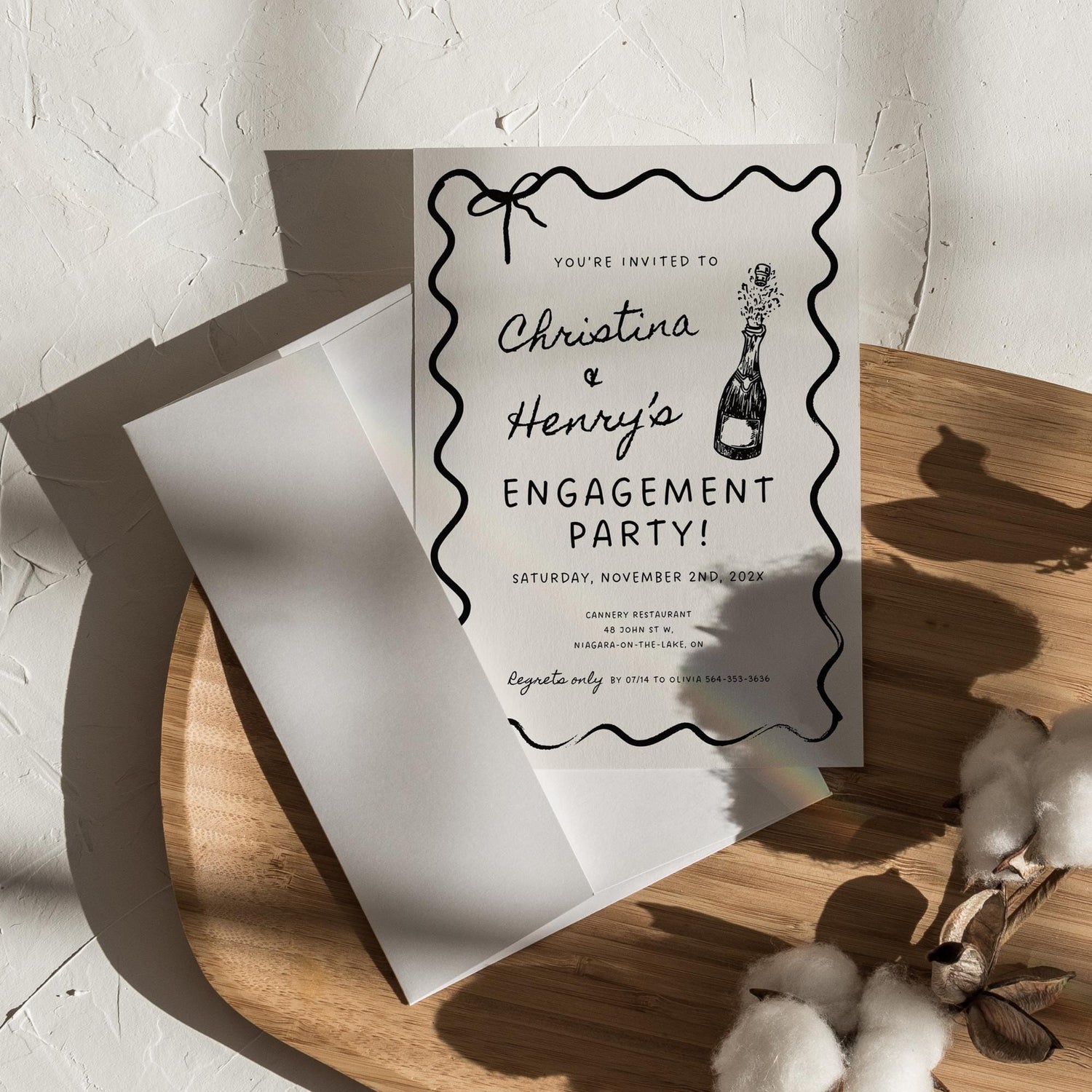 Wavy Engagement Party Invitation, Whimsical Bridal Shower Invites, Hand Drawn Style Champagne DIY Wedding Template, Wedding Invitation Card