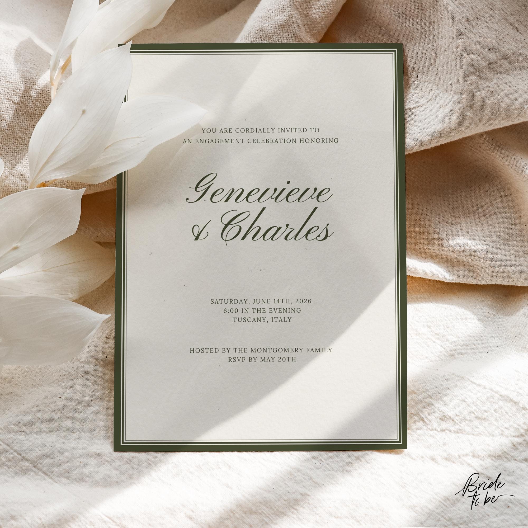 Olive Green Engagement Party Invitation – Old Money Estate Canva Template