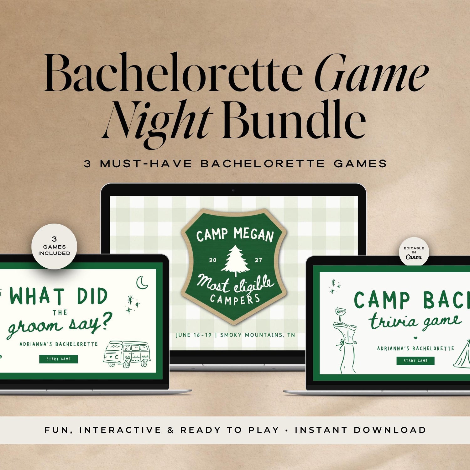 Camp Bachelorette Games Bundle | Animated Canva Party Games