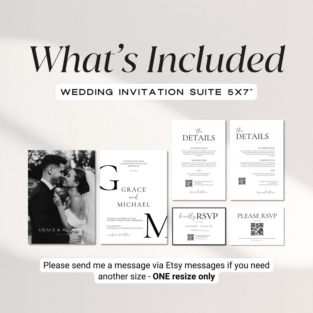 Classy Black &amp; White Wedding Invitation Suite, Editable Formal Invitation, Details Cards, RSVP QR Code, Modern Wedding Invite Canva Template