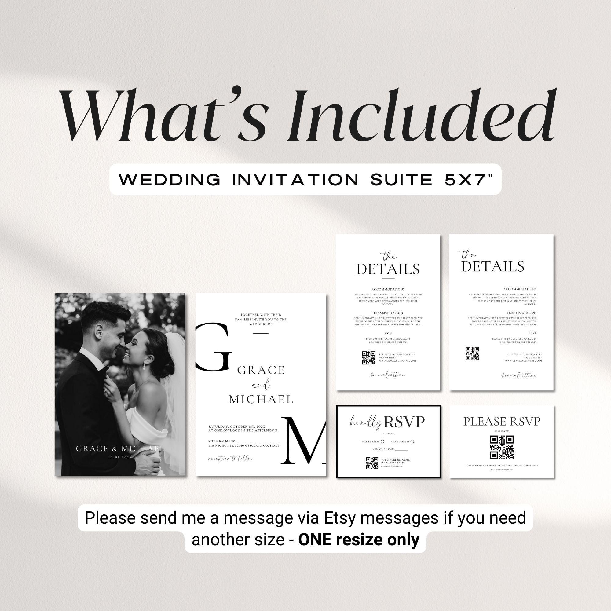 Classy Black &amp; White Wedding Invitation Suite, Editable Formal Invitation, Details Cards, RSVP QR Code, Modern Wedding Invite Canva Template