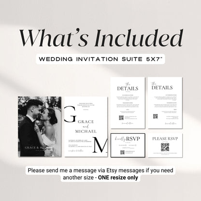 Classy Black &amp; White Wedding Invitation Suite, Editable Formal Invitation, Details Cards, RSVP QR Code, Modern Wedding Invite Canva Template