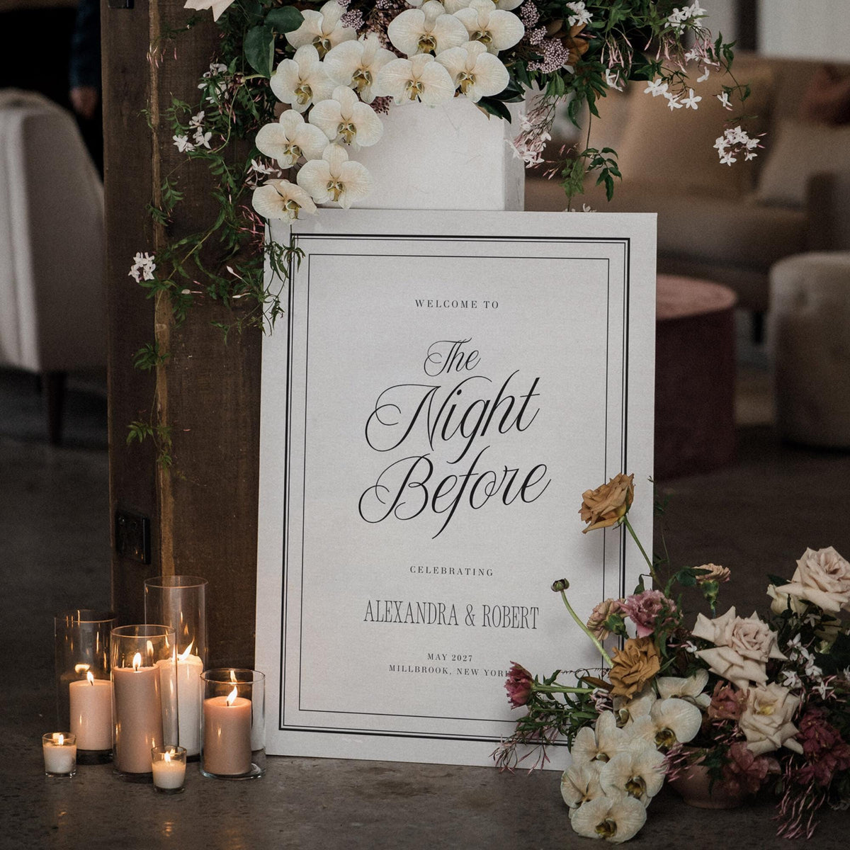 Black &amp; Ivory Night Before Welcome Sign | Rehearsal Dinner Canva Template