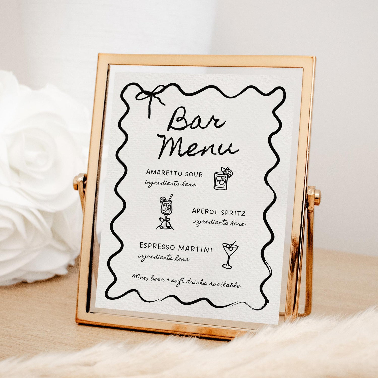 Hand-Drawn Wedding Bar Menu Sign Template – Wavy Border Open Bar Sign &amp; SVG Drink Icons (Editable Canva DIY)