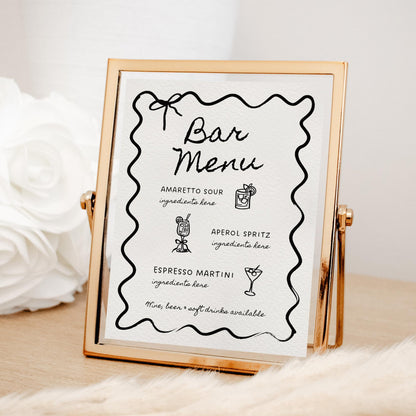 Hand-Drawn Wedding Bar Menu Sign Template – Wavy Border Open Bar Sign &amp; SVG Drink Icons (Editable Canva DIY)