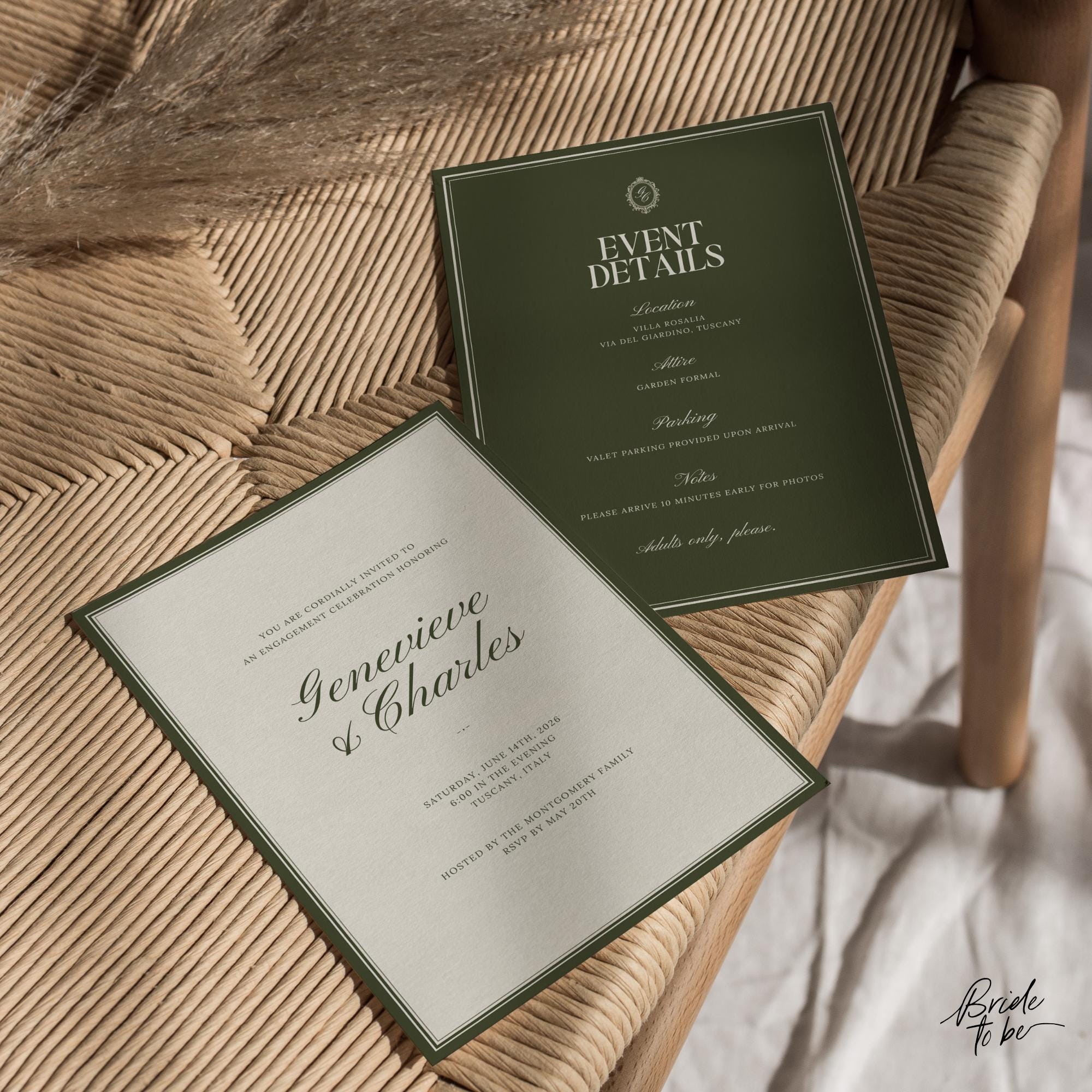 Olive Green Engagement Party Invitation – Old Money Estate Canva Template