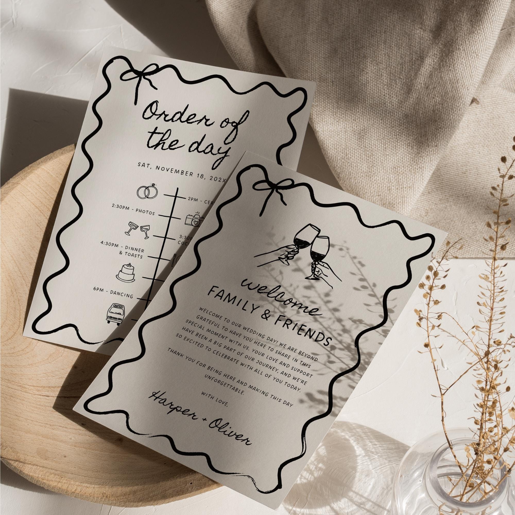 Wavy Wedding Welcome Bag Insert &amp; Timeline – Hand-Drawn Wedding Program Canva Template