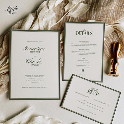 Old Money Olive Green Wedding Invitation Suite – Estate Canva Template