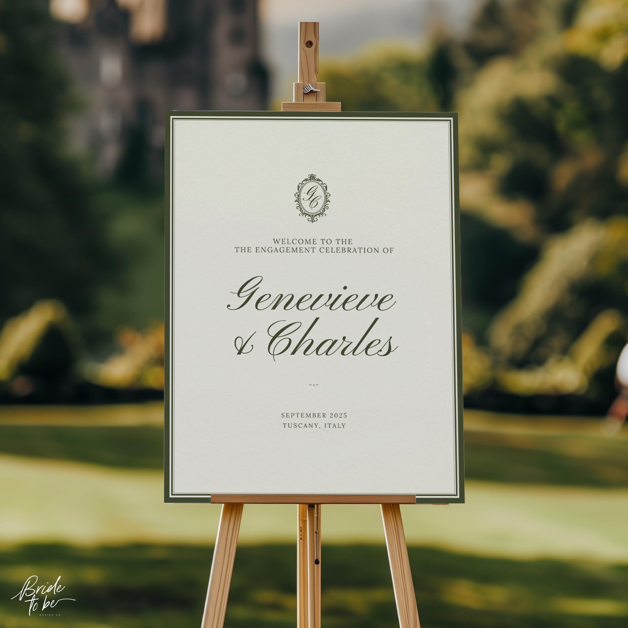 Olive Green Engagement Party Welcome Sign – Old Money Estate Canva Template
