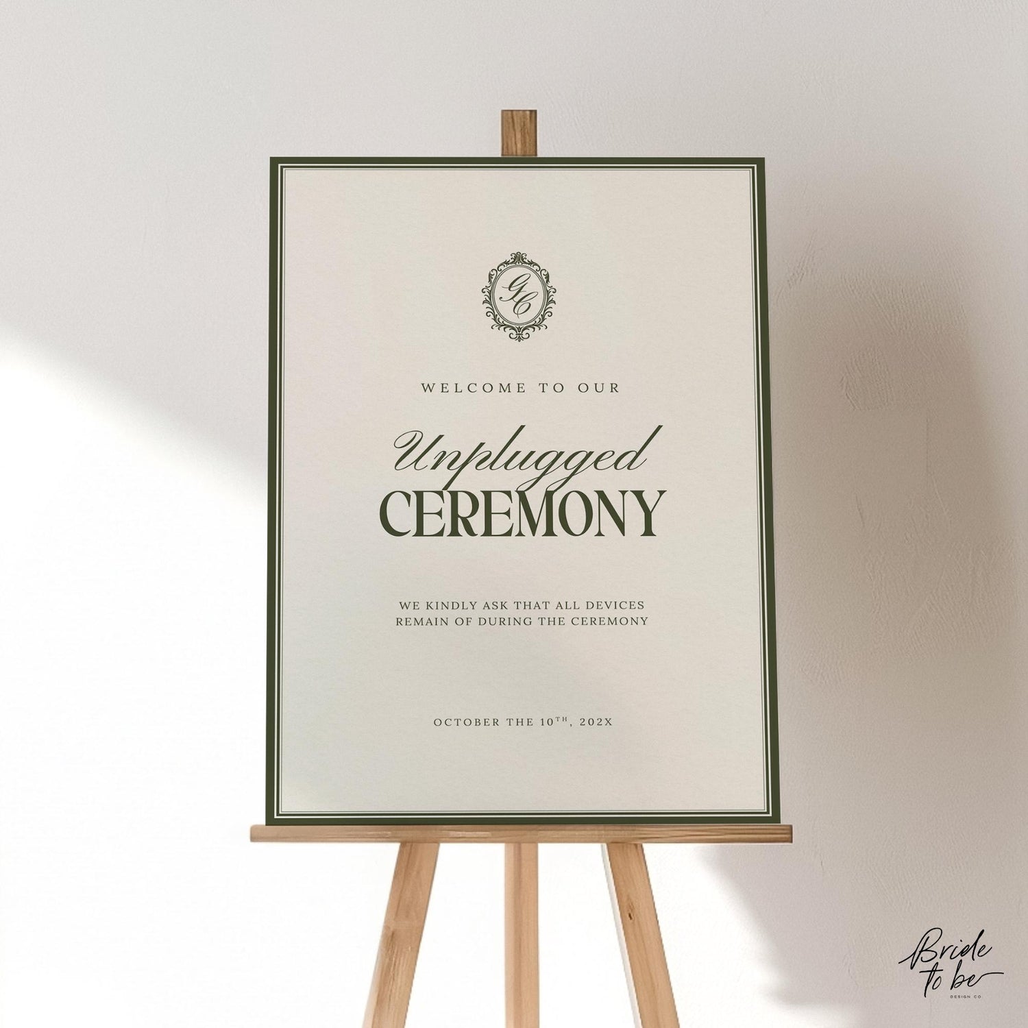Old Money Unplugged Ceremony Sign Template – Olive Green Wedding Sign – Elegant Canva Printable