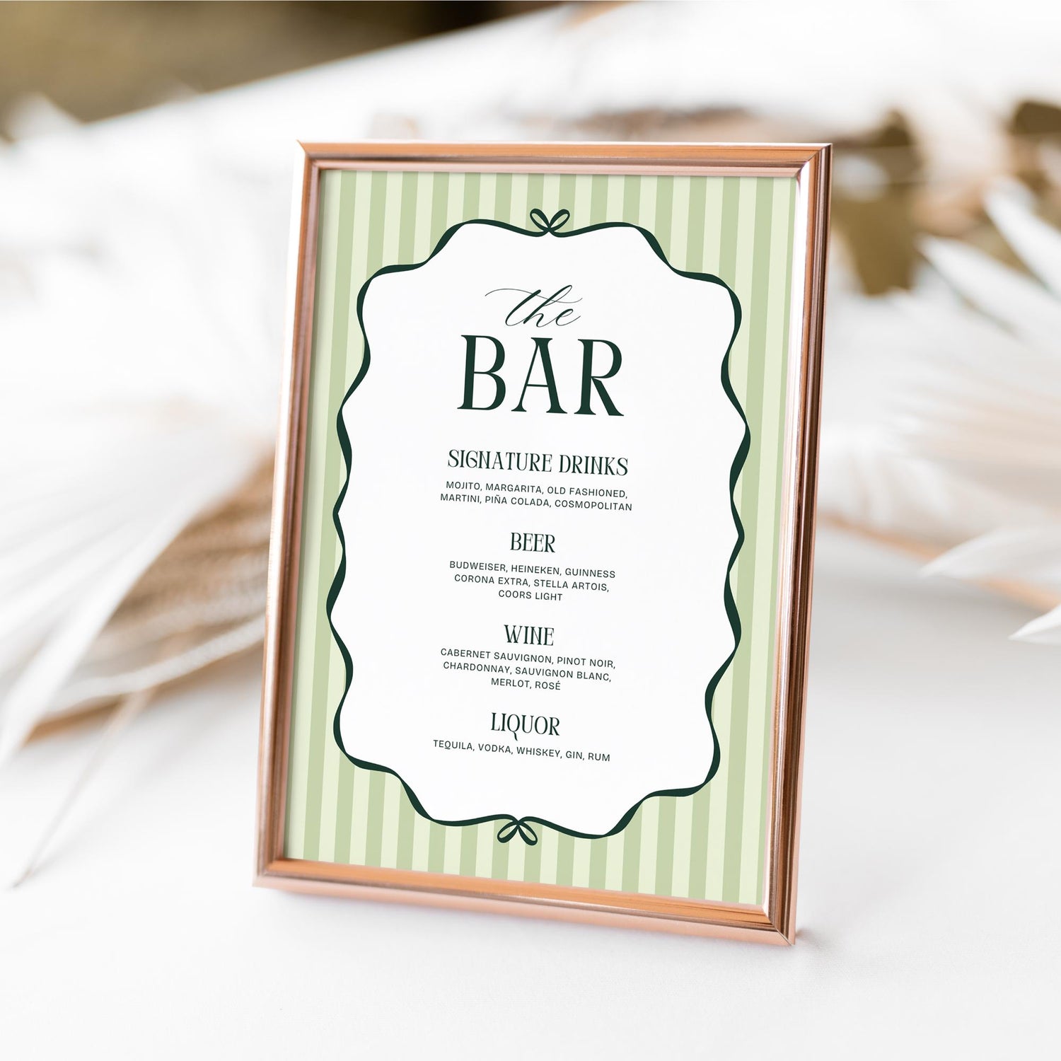 Old Money Aesthetic Bar Menu Sign – Elegant Striped Wedding Bar Sign Canva Template