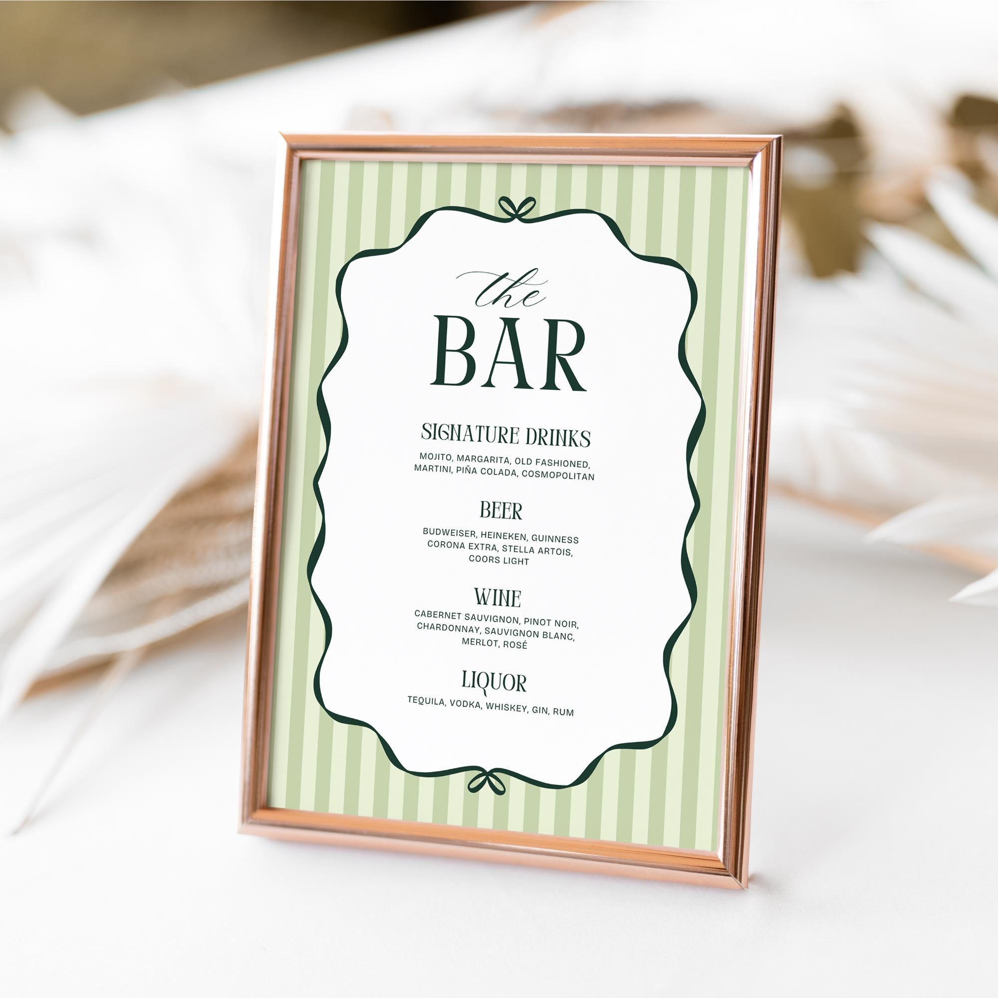 Old Money Aesthetic Bar Menu Sign – Elegant Striped Wedding Bar Sign Canva Template
