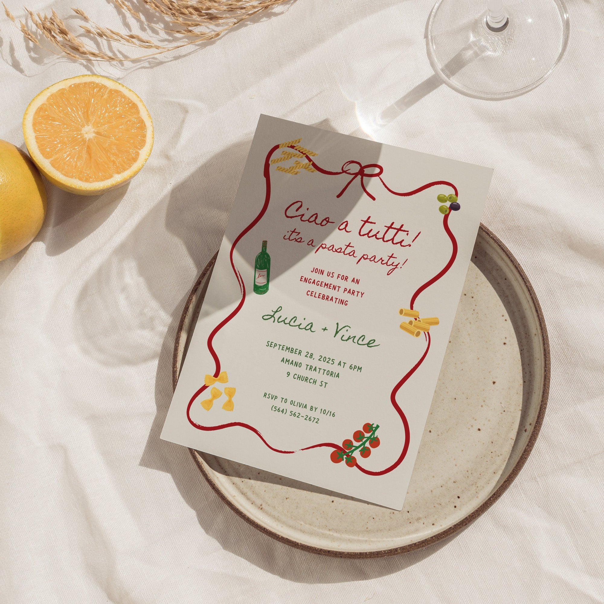 Italian Pasta Engagement Party Invitation – Let’s Celebrate Editable Canva Template