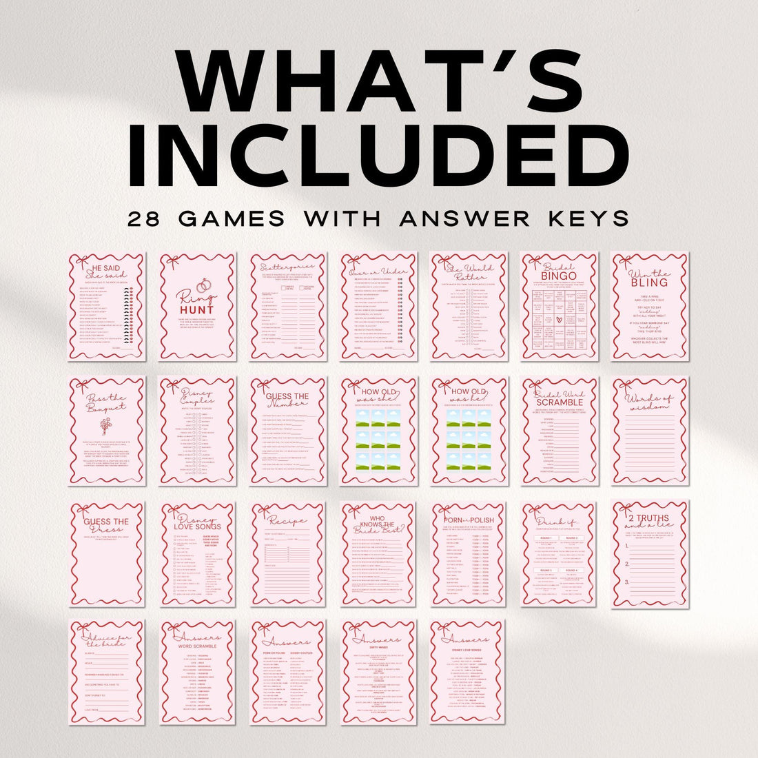 Wavy Bridal Shower &amp; Bachelorette Games | Pink &amp; Red Editable Templates